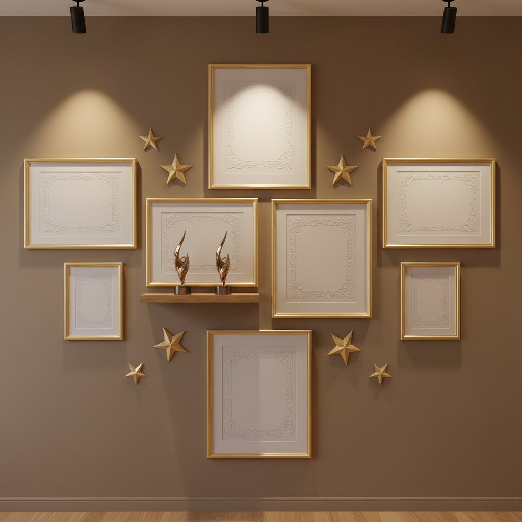 A dignified, contemporary wall display showcasing student achievements at an English center, without including any people or readable text. Multiple framed certificates of varying sizes, all with clean, blank interiors and embossed-style borders, are arranged in a balanced pattern on a neutral-colored wall. Between some frames, small metallic award sculptures and golden star-shaped accents sit on a slim floating shelf, suggesting excellence and recognition. Soft, directional gallery lighting from above casts subtle halos on each frame, emphasizing their importance while leaving the surrounding room gently dimmer. Photographic realism with a straight-on composition and moderate depth of field creates a focused, professional mood, ideal for illustrating the center’s emphasis on results and certified learning.
