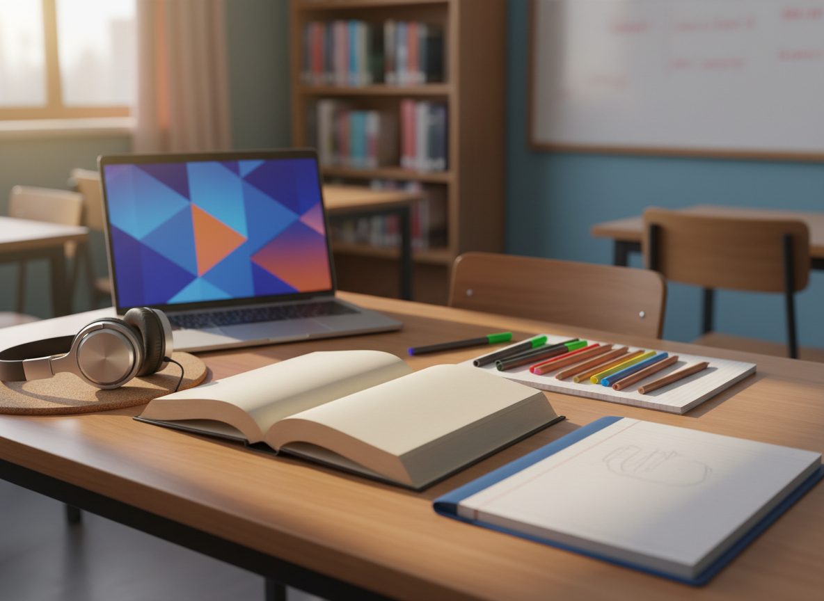 A close-up, photographic realism image of a tidy study desk in an English classroom, intentionally without any people. On the desk lie an open textbook with blank pages, a lined notebook, and a neatly aligned row of sharpened pencils and colorful markers, all arranged with precision. A pair of modern over-ear headphones rests beside a slim laptop displaying a bright, abstract interface with no readable text. Soft morning light falls diagonally across the desk from an unseen window, creating gentle shadows and subtle reflections on the smooth surface. Shot from a slightly elevated angle with shallow depth of field, the foreground materials are crisp while the classroom background dissolves into a warm, studious blur, evoking concentration and academic progress.