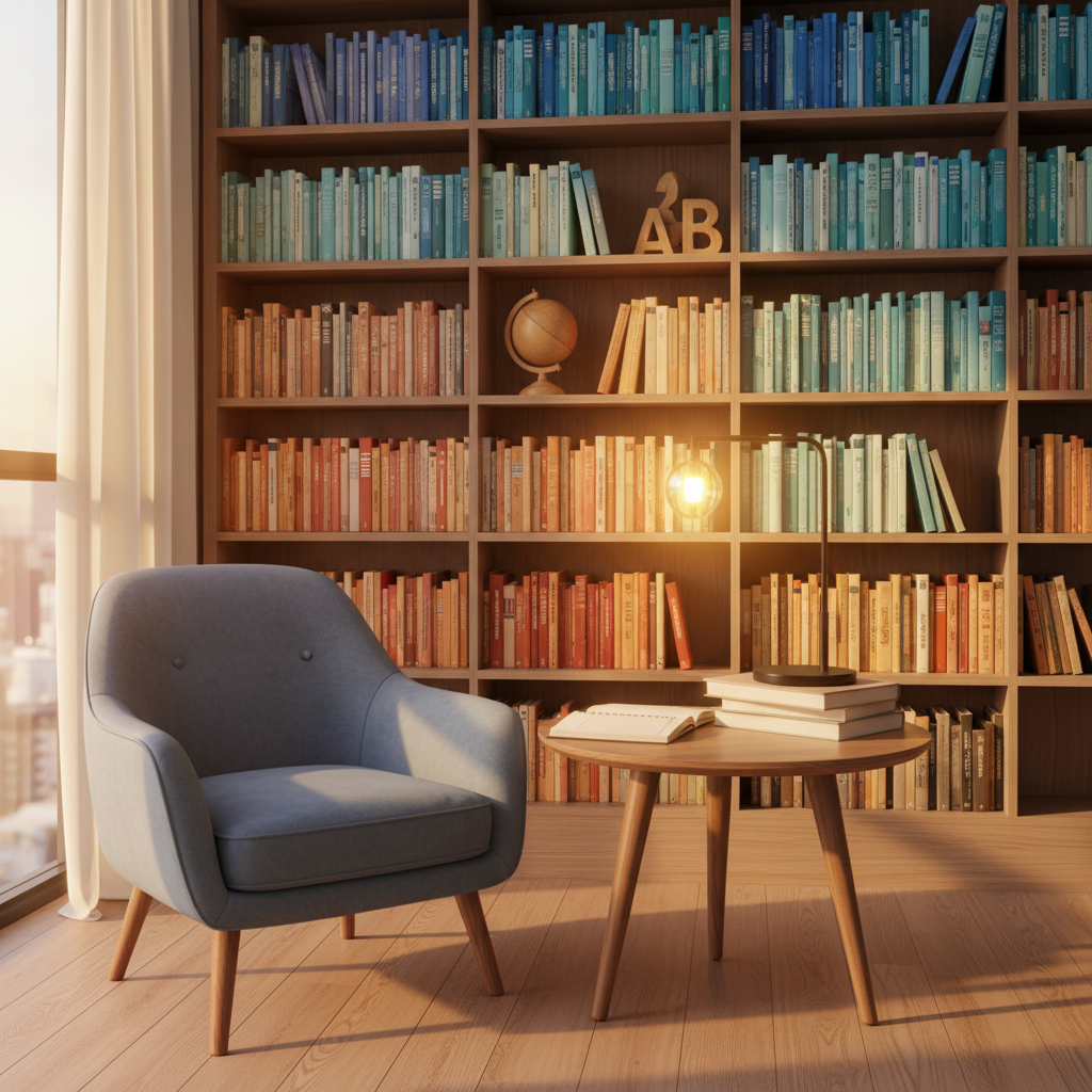 A serene self-study corner within an English language center, portrayed without people in photographic realism. A single, comfortable upholstered chair in muted blue sits beside a compact wooden table holding an open notebook, a stack of textbooks with blank spines, and a simple desk lamp. Behind, a tall bookshelf spans the wall, filled with neatly arranged, color-coordinated books and a few small globe and alphabet sculptures that hint at language learning without using text. Soft ambient light from the lamp combines with golden hour sunlight streaming through a nearby window, creating warm highlights and long, gentle shadows. Shot at eye level with moderate depth of field, the scene feels calm, focused, and ideal for quiet English practice.