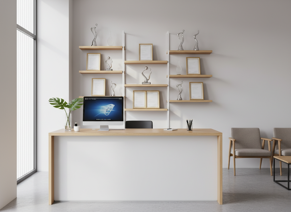 A polished reception area of a private English center, designed as a welcoming yet professional space without any staff present. A smooth wooden counter with a matte white front panel stands centrally, with a computer monitor, tidy stationery, and a small vase of fresh green plants adding subtle color. Behind the counter, minimalist shelving displays trophy-like abstract shapes and framed blank certificates as symbols of achievement, all carefully arranged. Soft studio-style lighting combines with diffused daylight from a nearby window, creating balanced highlights and clean shadows. Photographic realism at a slightly wide angle captures the entire area, with a clean, modern aesthetic that feels organized, trustworthy, and ready for new student registrations.