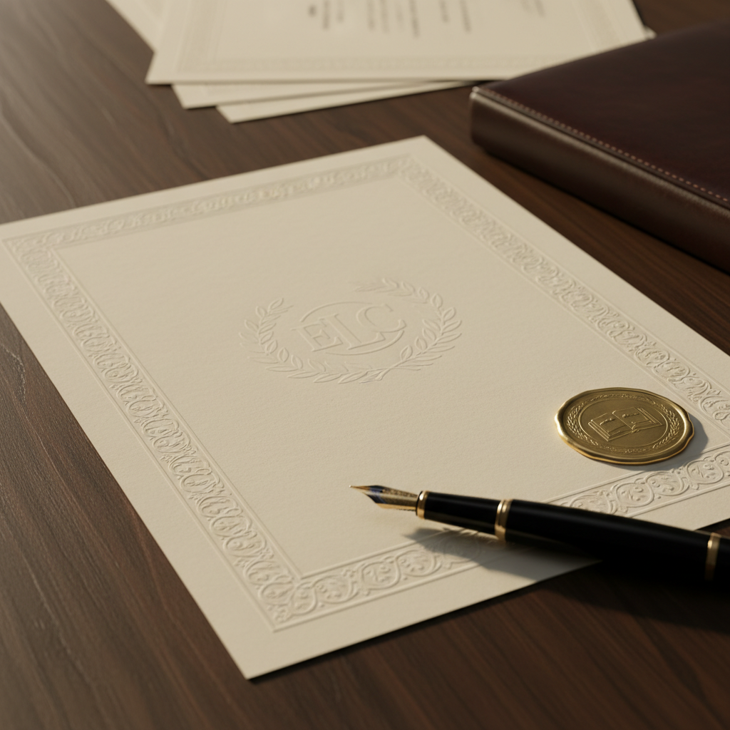 A precise, close-up photographic realism shot of a formal English course certificate placed on a dark wooden table, carefully designed without any readable text. The certificate features an embossed border, a subtle watermark pattern, and a metallic gold seal at the bottom corner, all catching the light with refined detail. A high-quality fountain pen rests diagonally across the lower edge, while in the softly blurred background lie a stack of similar certificates and a closed leather folder. Warm, directional light from the side emphasizes paper texture and metallic accents, casting delicate shadows that add depth. The overall mood is aspirational and professional, underscoring successful completion of English studies at a serious language center.