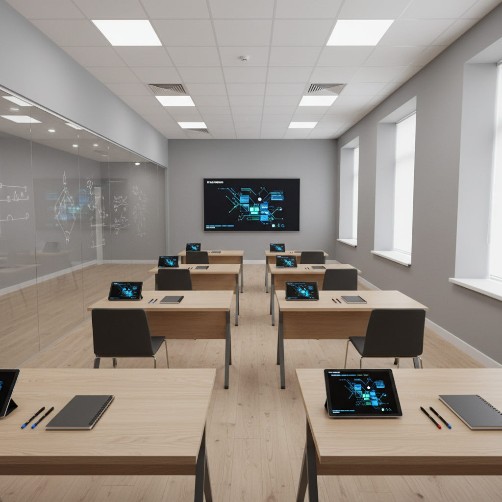 A technology-enhanced English training room configured for interactive lessons, deliberately empty of people. Sleek individual desks each feature a tablet, a notebook, and pens carefully aligned, facing a large wall-mounted display showing an abstract, text-free interface of charts and shapes. Along one side, a glass whiteboard spans the wall, bearing faint, non-legible markings to imply active learning. Cool, neutral walls and light wood flooring keep the room bright and modern. Overhead LED panels provide even, clean illumination, complemented by soft daylight filtering through high windows. Photographic realism from a slightly elevated wide-angle perspective captures the full space, projecting an atmosphere of innovation, organization, and professional English instruction in Kadamjay.