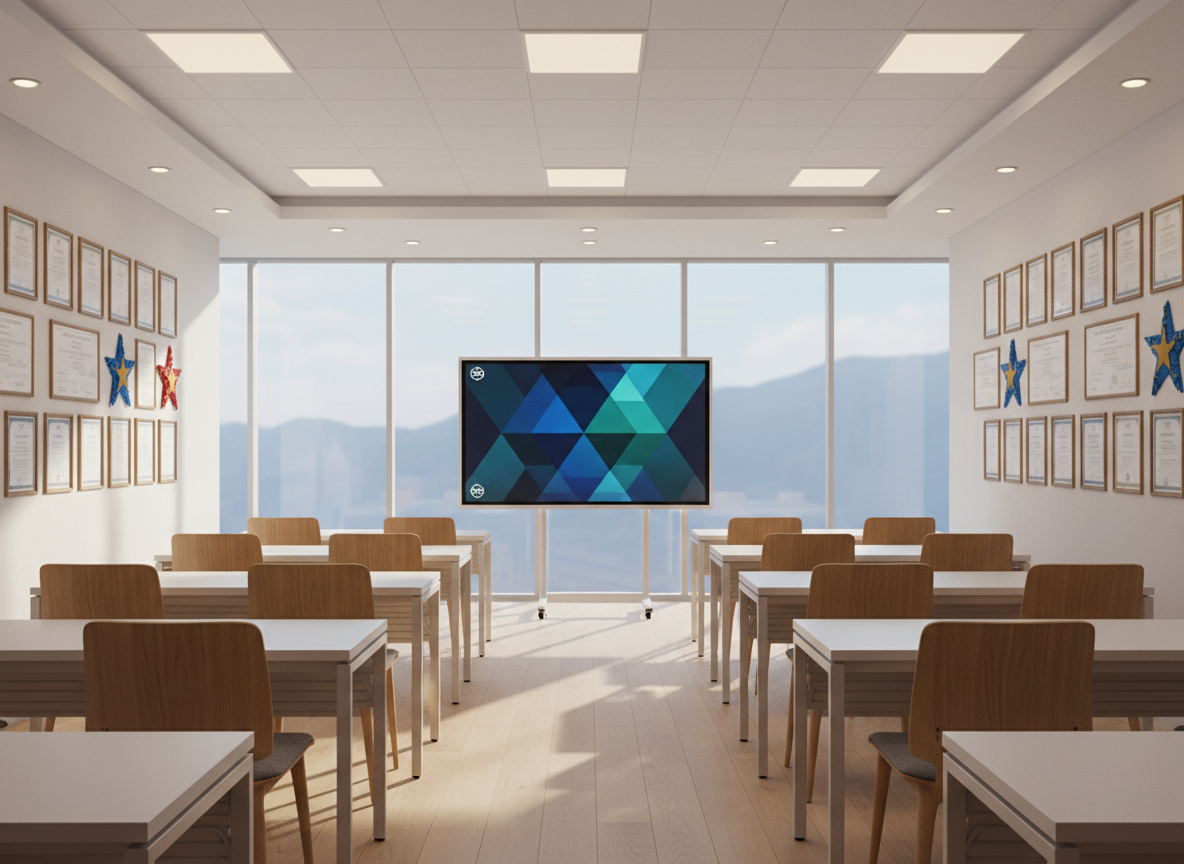 A spacious, modern English language classroom in Kadamjay, Kyrgyzstan, represented without people by neatly arranged ergonomic chairs and sleek white desks facing a large interactive digital screen. On the walls, framed certificates and achievement charts hang in an organized grid, hinting at high student performance without using any text. Floor-to-ceiling windows reveal a soft suggestion of mountain silhouettes outside. Gentle afternoon daylight streams in, supplemented by warm recessed ceiling lights, creating an inviting, professional glow. Photographic realism at eye level, with sharp focus on the front of the room and a slightly softened background, conveys a calm, focused atmosphere suitable for a serious English center homepage hero image.