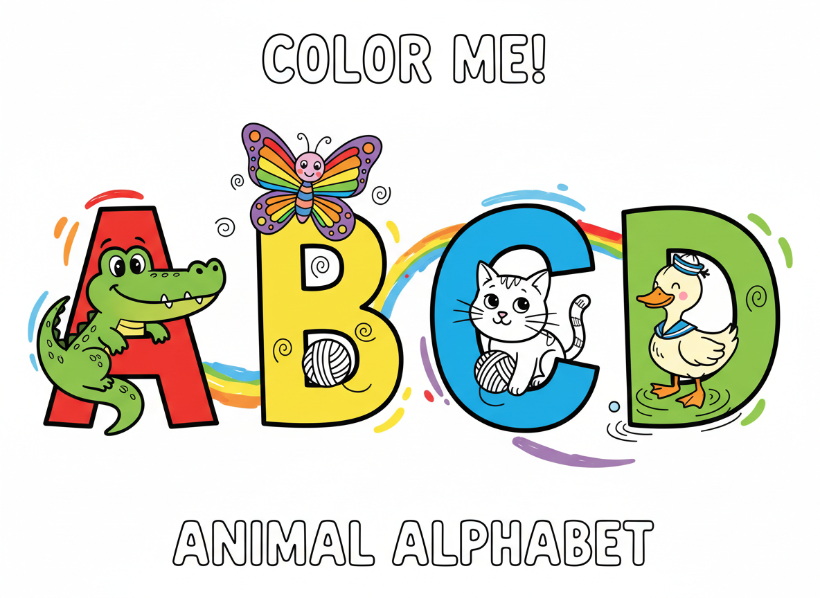 Fun and attractive ABC coloring book style illustration for kids. Large bold outlined letters A, B, C, D with thick black outlines ready to color, filled with bright cheerful colors — red, yellow, blue, green. Cute cartoon animals inside or around each letter: A with an Alligator, B with a Butterfly, C with a Cat, D with a Duck. Playful kids educational style, white background, vibrant rainbow colors, friendly and welcoming. No real photographs, pure illustrated coloring book art style.