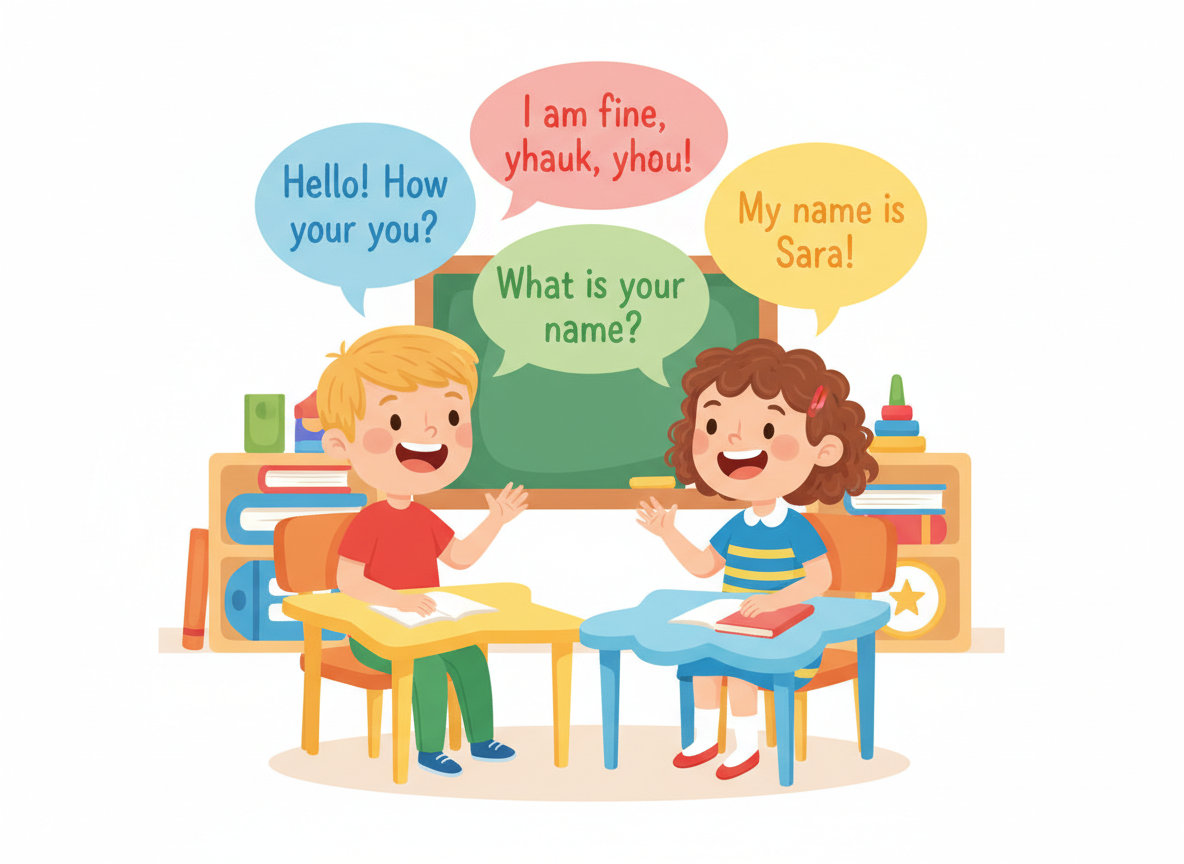 A bright, cheerful cartoon illustration of two children aged 7-9 having a friendly conversation in a colorful classroom. Speech bubbles show simple English sentences like "Hello! How are you?", "I am fine, thank you!", "What is your name?", "My name is Sara!". The kids are smiling, animated, sitting across from each other at colorful desks. Warm inviting colors — yellow, blue, red, green. Fun kids educational illustration style, no photographs, pure cartoon art. White background, playful and engaging.